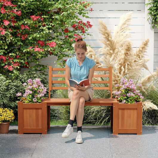 Wood Planter Box with Bench and Backrest for Garden Yard Balcony