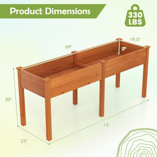 Fir Wood Outdoor Raised Garden Bed with Divider Panel and Drainage Holes-Natural