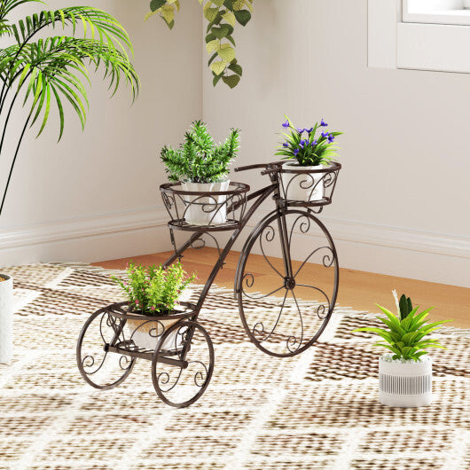 Tricycle Plant Stand Flower Pot Cart Holder with 3 Hollowed Baskets-Black