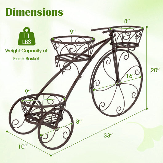 Tricycle Plant Stand Flower Pot Cart Holder with 3 Hollowed Baskets-Black