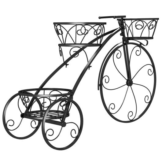 Tricycle Plant Stand Flower Pot Cart Holder with 3 Hollowed Baskets-Black