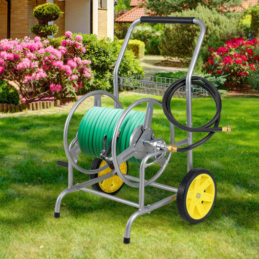 Garden Hose Reel Cart with 2 Wheels and Storage Basket-Blue