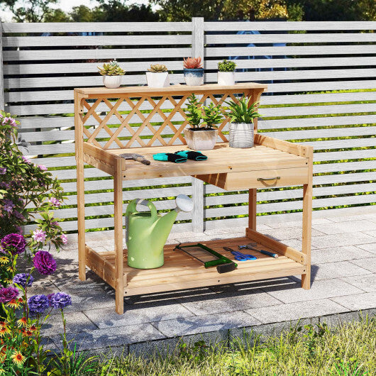 Garden Potting Bench Table Wooden Planting Workstation with Lattice Trellis