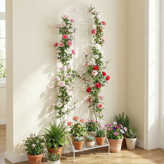 75 x 20 Inch Outdoor Metal Garden Trellis with Foldable Bottom Shelf-White