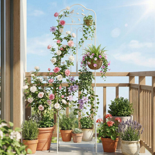 75 x 20 Inch Outdoor Metal Garden Trellis with Foldable Bottom Shelf-White