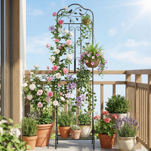 75 x 20 Inch Outdoor Metal Garden Trellis with Foldable Bottom Shelf-White