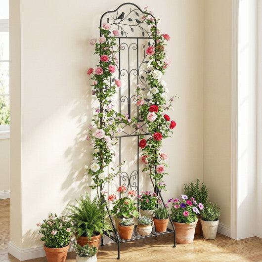 75 x 20 Inch Outdoor Metal Garden Trellis with Foldable Bottom Shelf-White