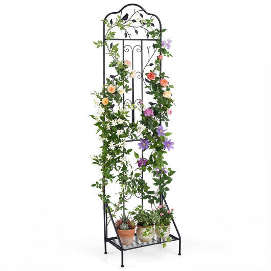 75 x 20 Inch Outdoor Metal Garden Trellis with Foldable Bottom Shelf-White