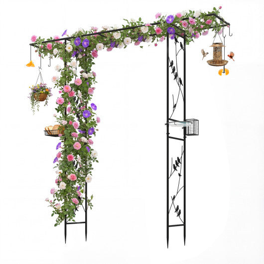 84 Inch Garden Arbor Feeding Station with Water Bowl and Mesh Tray-Black