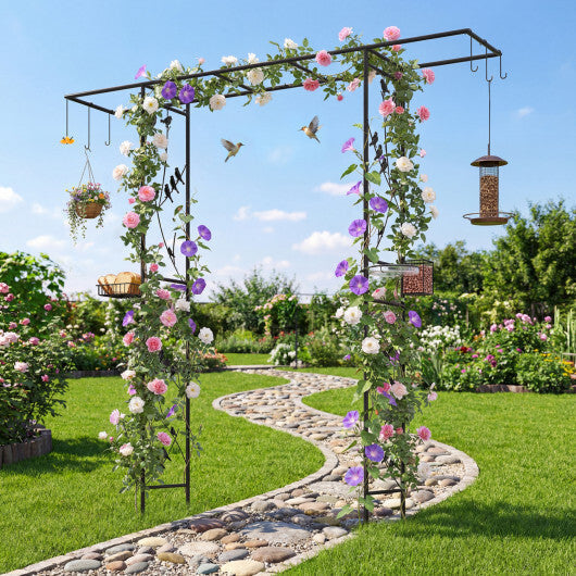 84 Inch Garden Arbor Feeding Station with Water Bowl and Mesh Tray-Black