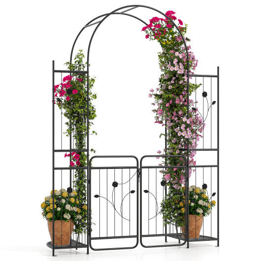 87 inch Tall Garden Arch with Gate Planter Shelves Climbing Trellises