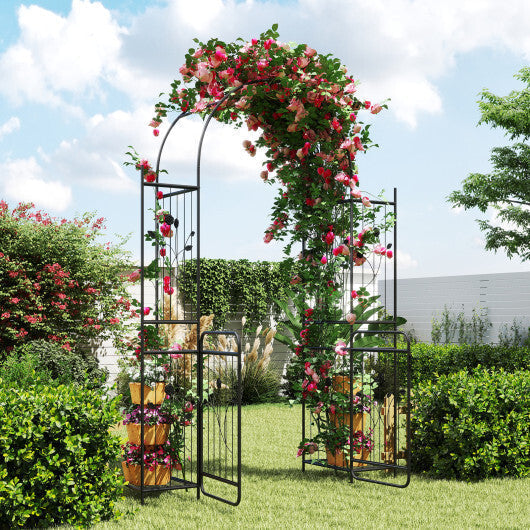 87 inch Tall Garden Arch with Gate Planter Shelves Climbing Trellises