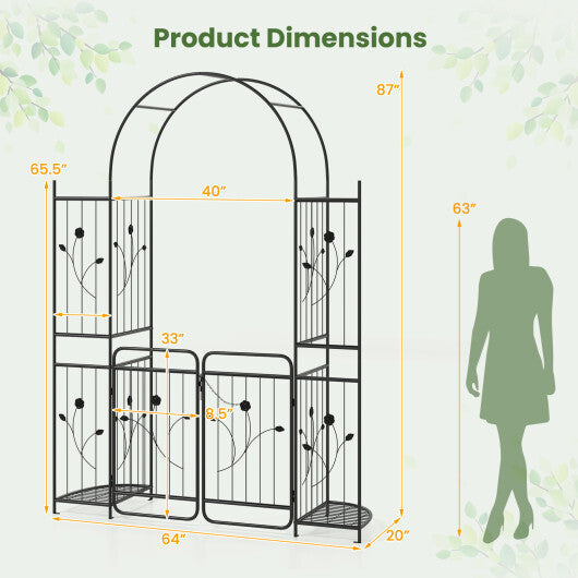 87 inch Tall Garden Arch with Gate Planter Shelves Climbing Trellises