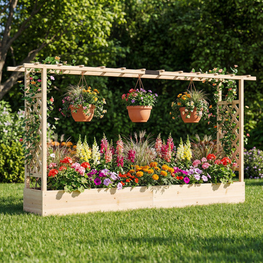 45 Inch Tall Wooden Raised Garden Bed with Side Trellis and Hanging Roof Drainage Holes-Natural