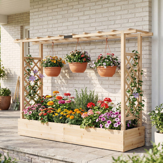45 Inch Tall Wooden Raised Garden Bed with Side Trellis and Hanging Roof Drainage Holes-Natural