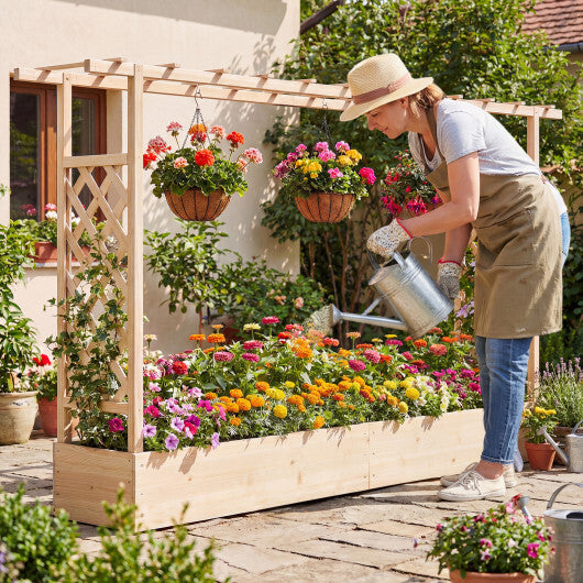 45 Inch Tall Wooden Raised Garden Bed with Side Trellis and Hanging Roof Drainage Holes-Natural