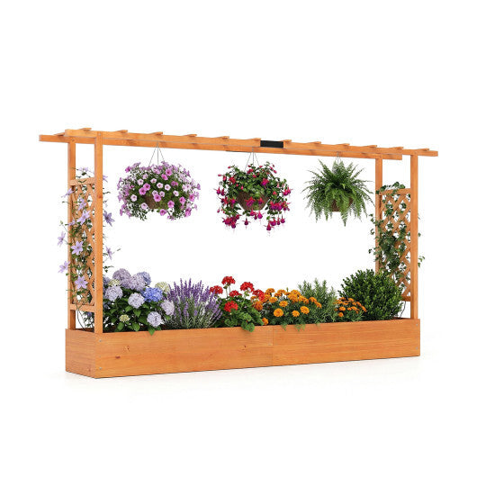 45 Inch Tall Wooden Raised Garden Bed with Side Trellis and Hanging Roof Drainage Holes-Natural