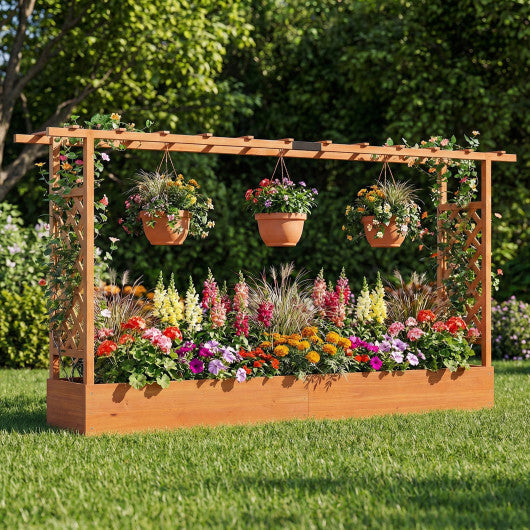 45 Inch Tall Wooden Raised Garden Bed with Side Trellis and Hanging Roof Drainage Holes-Natural