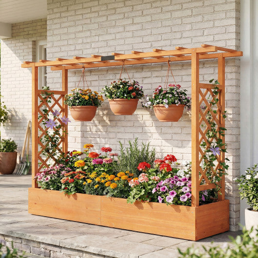45 Inch Tall Wooden Raised Garden Bed with Side Trellis and Hanging Roof Drainage Holes-Natural