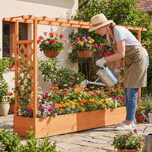 45 Inch Tall Wooden Raised Garden Bed with Side Trellis and Hanging Roof Drainage Holes-Natural