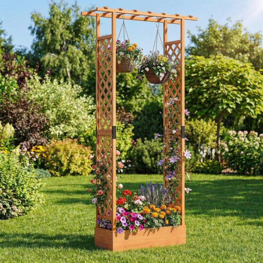 89 Inch Tall Wooden Raised Garden Bed with Side Trellis and Hanging Roof Drainage Holes-Orange