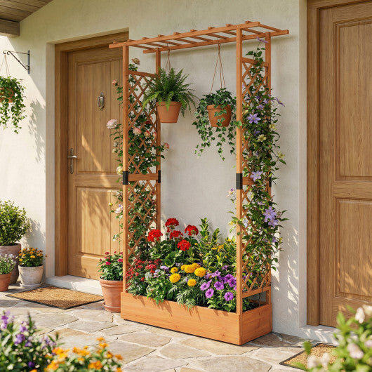 89 Inch Tall Wooden Raised Garden Bed with Side Trellis and Hanging Roof Drainage Holes-Orange