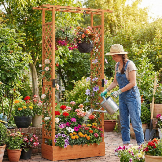 89 Inch Tall Wooden Raised Garden Bed with Side Trellis and Hanging Roof Drainage Holes-Orange