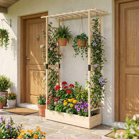 89 Inch Tall Wooden Raised Garden Bed with Side Trellis and Hanging Roof Drainage Holes-Orange