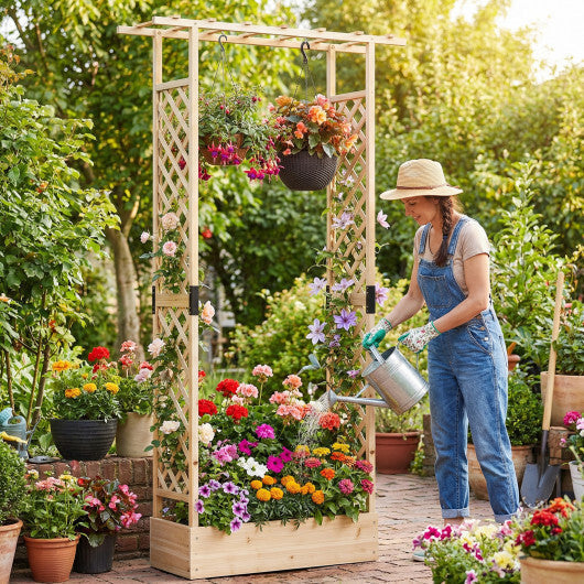 89 Inch Tall Wooden Raised Garden Bed with Side Trellis and Hanging Roof Drainage Holes-Orange