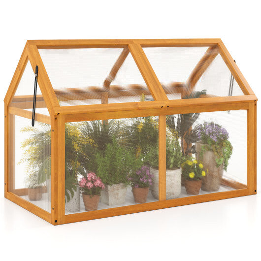 Wood Cold Frame Greenhouse Raised Flower Planter Protection with Adjustable Roof-Orange