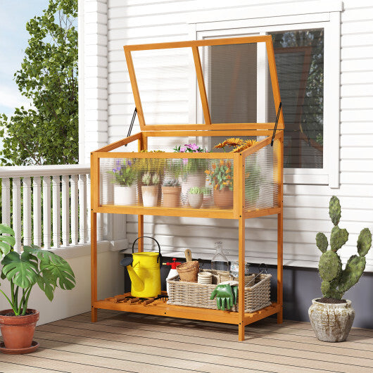 Wood Cold Frame Greenhouse with Transparent Openable Roof and Slatted Storage Shelf-Orange