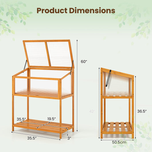 Wood Cold Frame Greenhouse with Transparent Openable Roof and Slatted Storage Shelf-Orange