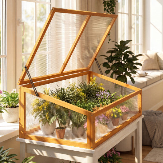 Wood Cold Frame Greenhouse Raised Planter Bed Protection with Transparent Flip-top Roof-Orange