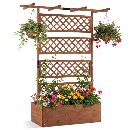Wooden Planter Box with Lattice Trellis Raised Garden Bed Privacy Screen with Flat Roof-Brown