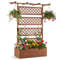 Wooden Planter Box with Lattice Trellis Raised Garden Bed Privacy Screen with Flat Roof-Brown