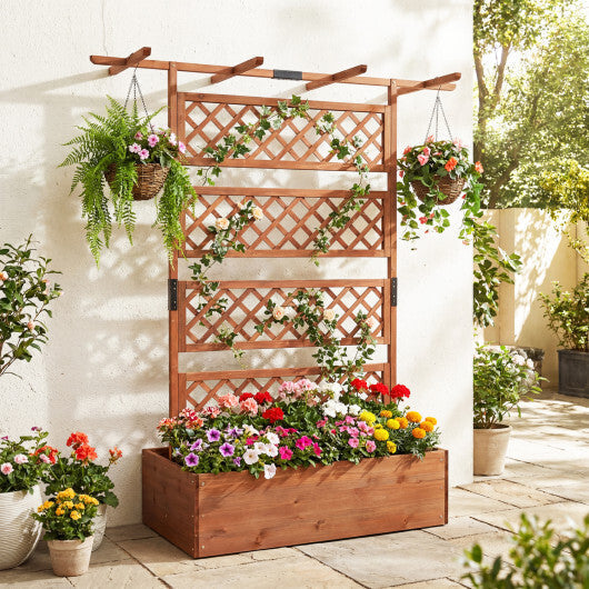 Wooden Planter Box with Lattice Trellis Raised Garden Bed Privacy Screen with Flat Roof-Brown