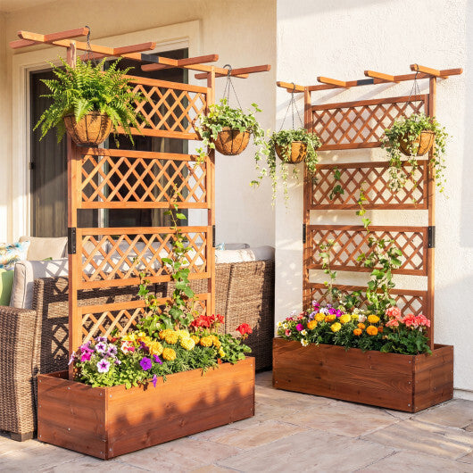 Wooden Planter Box with Lattice Trellis Raised Garden Bed Privacy Screen with Flat Roof-Brown