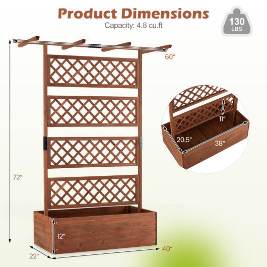 Wooden Planter Box with Lattice Trellis Raised Garden Bed Privacy Screen with Flat Roof-Brown