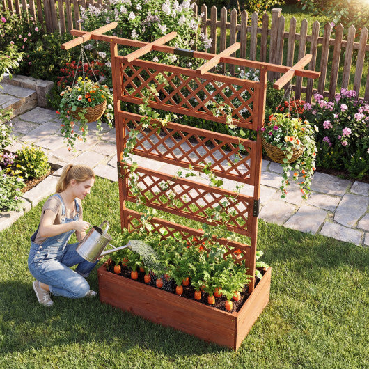 Wooden Planter Box with Lattice Trellis Raised Garden Bed Privacy Screen with Flat Roof-Brown