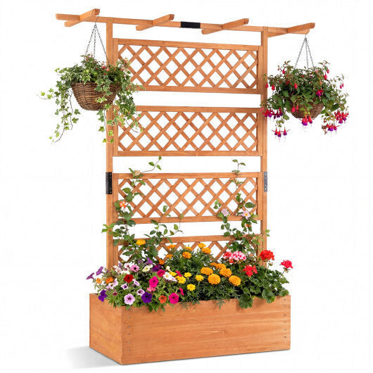 Wooden Planter Box with Lattice Trellis Raised Garden Bed Privacy Screen with Flat Roof-Brown