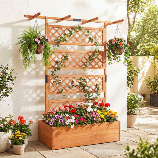Wooden Planter Box with Lattice Trellis Raised Garden Bed Privacy Screen with Flat Roof-Brown