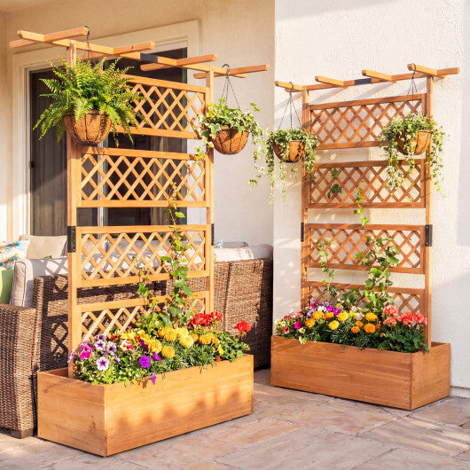 Wooden Planter Box with Lattice Trellis Raised Garden Bed Privacy Screen with Flat Roof-Brown