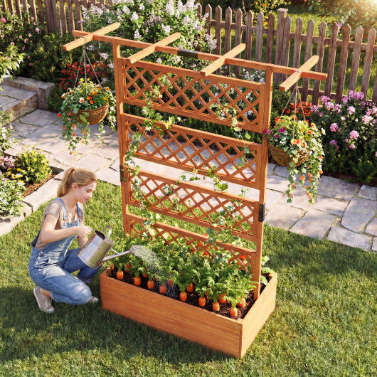 Wooden Planter Box with Lattice Trellis Raised Garden Bed Privacy Screen with Flat Roof-Brown