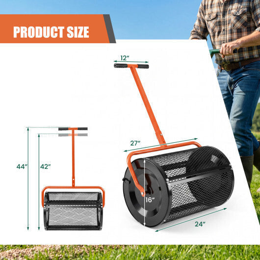 Compost Spreader 24 Inch Peat Moss Spreader Roller with Height-adjustable T-shape Handle-Green