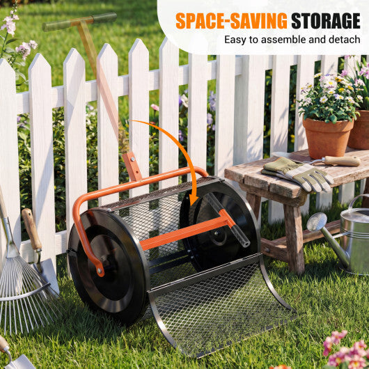 Compost Spreader 24 Inch Peat Moss Spreader Roller with Height-adjustable T-shape Handle-Green