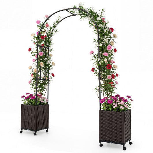 Garden Arch Trellis with 2 Self-watering Planter Boxes for Party Yard Lawn-Black