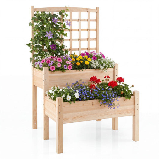 Raised Garden Bed with Trellis 2-Tier for Outdoor Climbing Plants-Natural