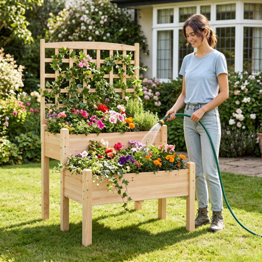 Raised Garden Bed with Trellis 2-Tier for Outdoor Climbing Plants-Natural