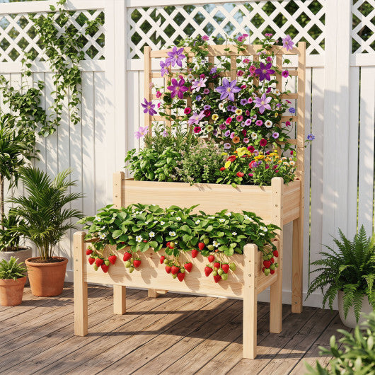 Raised Garden Bed with Trellis 2-Tier for Outdoor Climbing Plants-Natural