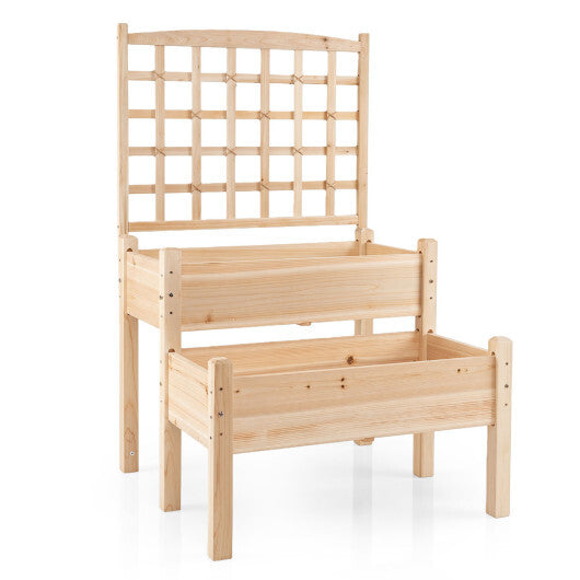 Raised Garden Bed with Trellis 2-Tier for Outdoor Climbing Plants-Natural